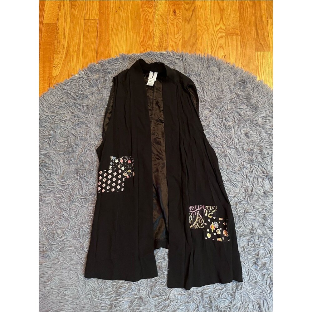 Yasuko Black Sleeveless Long Kimono Silk Vest Patchwork Art To Wear Size M L